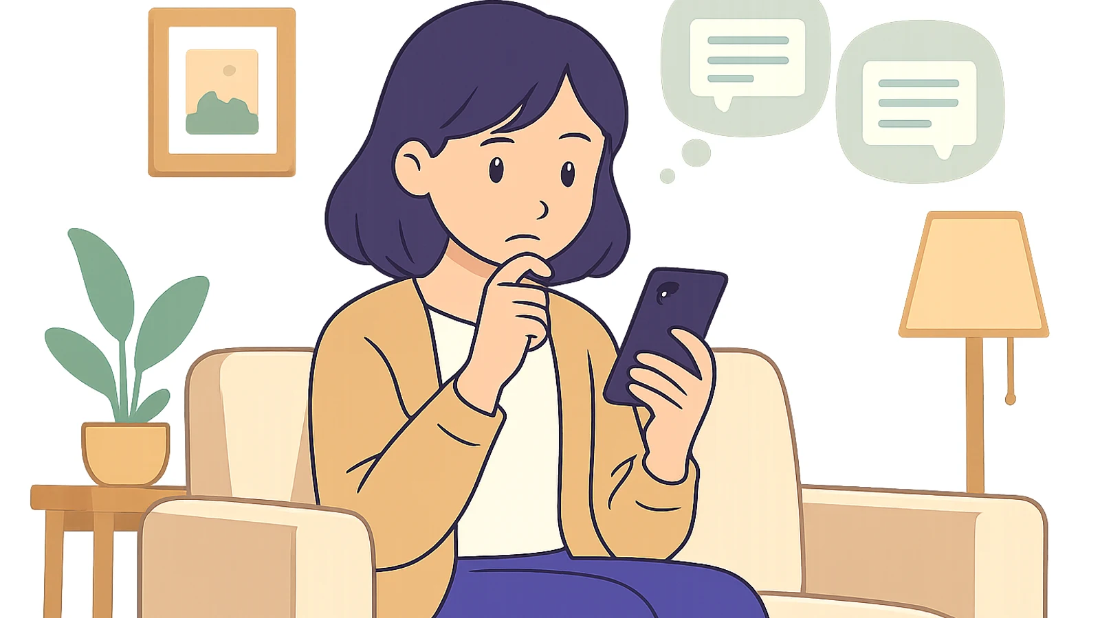 自宅のソファで、スマートフォンの口コミを読み比べながら考えている患者のイラスト