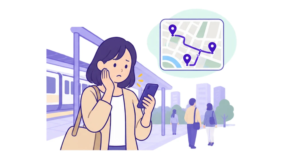 歯の痛みを気にしながら駅前でスマートフォンの地図を見て、近くの歯科医院を探している人のイラスト
